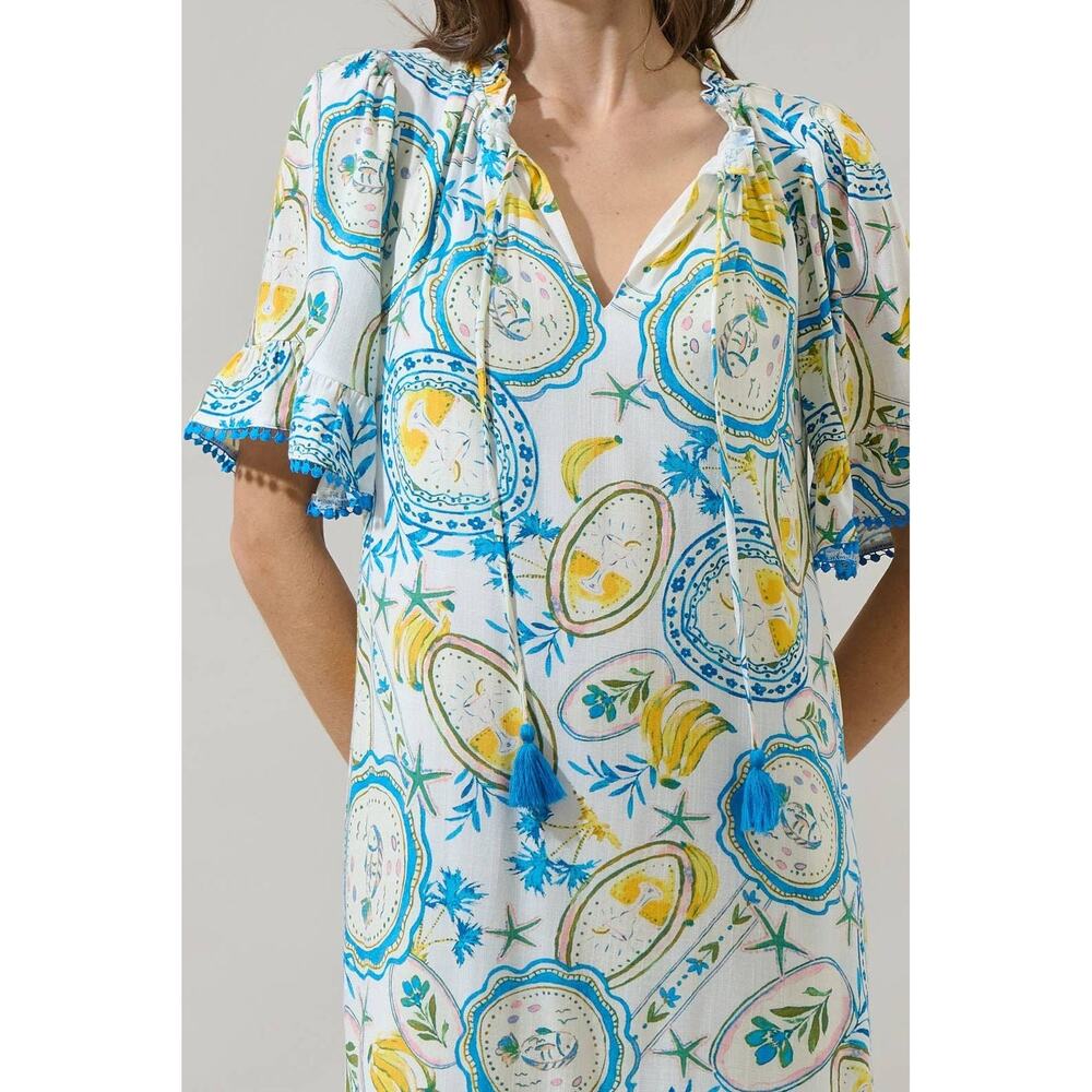Sugarlips Harvest Island Blue Lemon Print Tassel Trim Mini Dress NWT